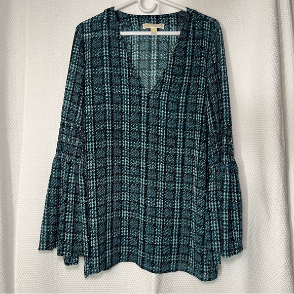 Michael Kors Woman’s Blouse‎ Size XL Teal Blue Bell Sleeve Sheer V-neck Plaid - Picture 1 of 5